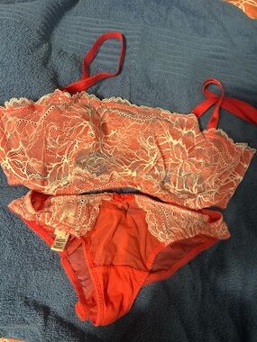 Soma Coral Red Lace Bralette and Bikini Set